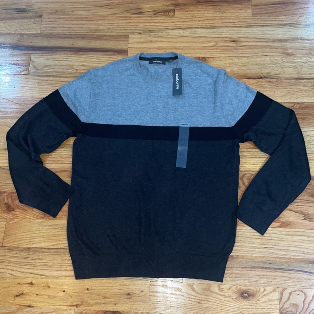NEW Claiborne Chest Stripe Crew Neck Long Sleeve Pullover Sweater True black XL